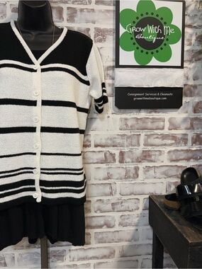 Black and White Striped Short-Sleeve Cardigan Sweater
